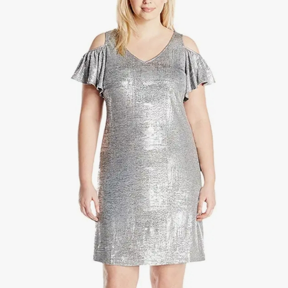 MSK Dresses & Skirts - MSK Metallic Cold Shoulder Flutter Sleeve Dress XL Silver